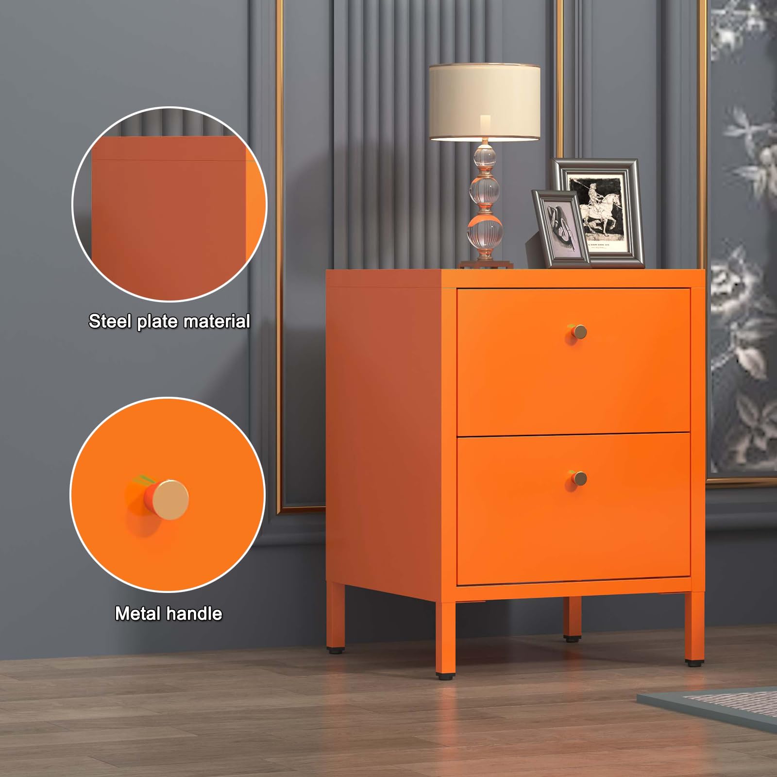 Aiasuit Night Stand Orange Nightstand Drawer End Tables Dresser for Bedroom, Bed Side Table Drawer Tea Table 2 Tiers Locker Coffee Table Metal Size: 23.62" H x 15.75" W x 14.17" D