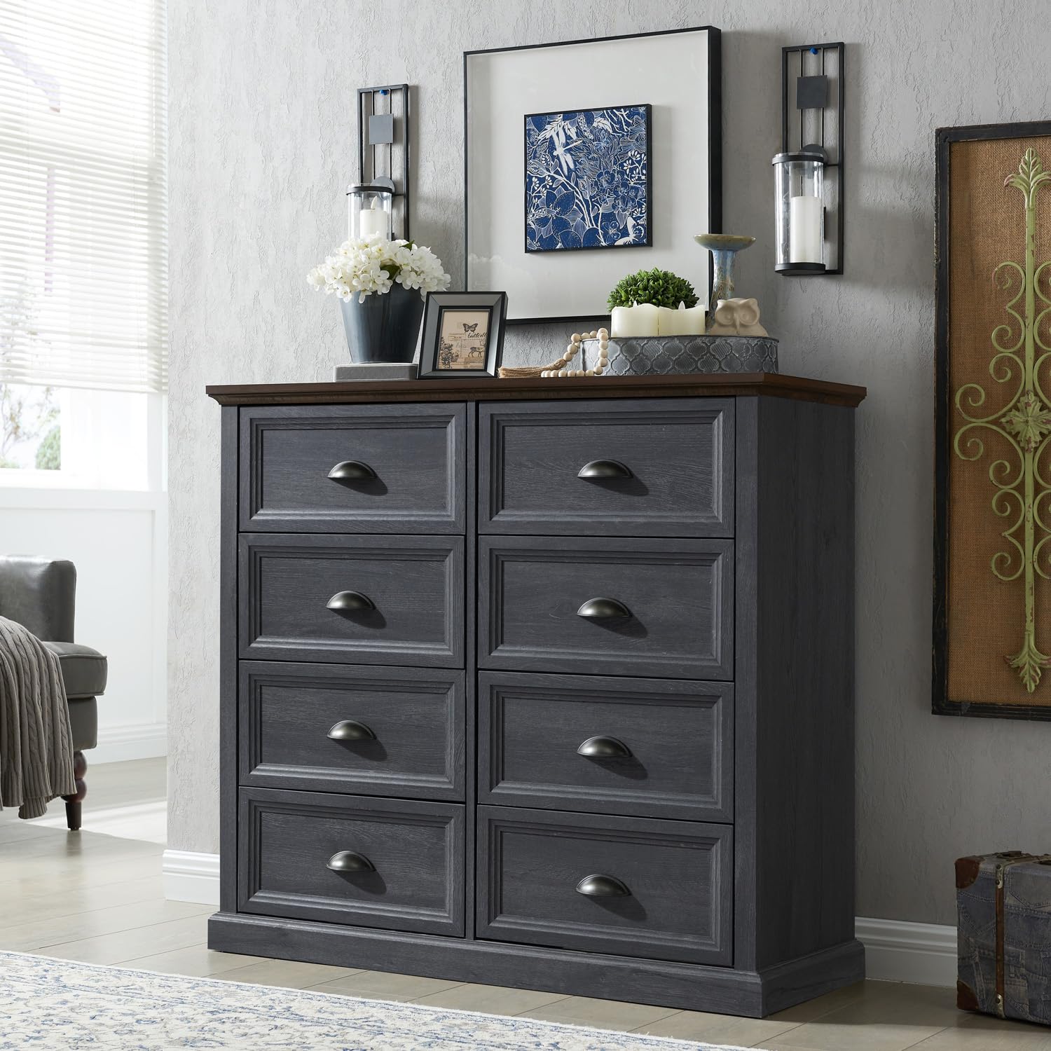 IFGET Farmhouse 8 Drawer Dresser for Bedroom, Tall Chest of Drawers, Chest of Drawers Organizer Storage, Wood Rustic Bedroom Dresser for Closet, Living Room, Hallway,Dark Grey