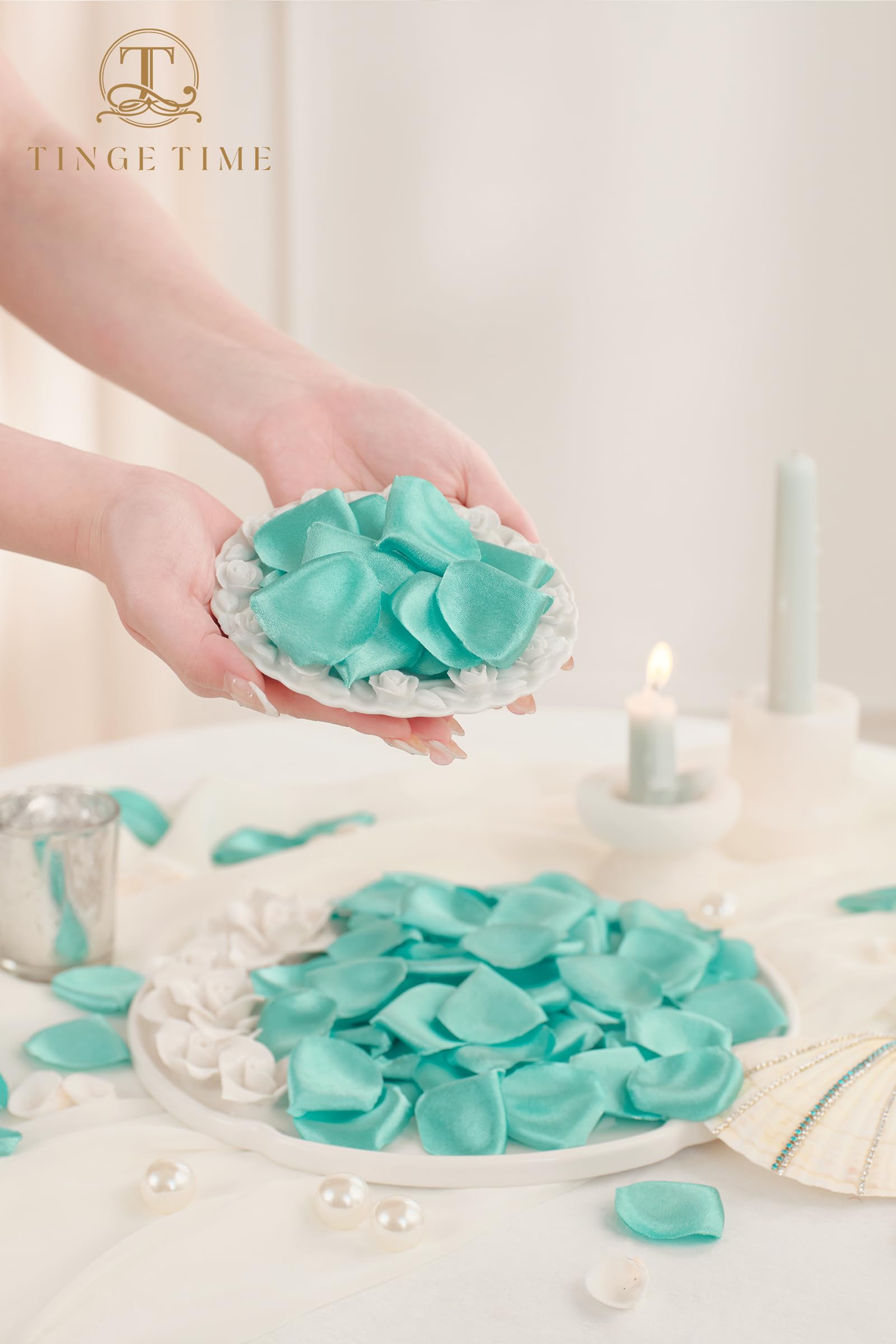 TINGE TIME 300pcs Silk Rose Petals Teal Green Heart Flower Petals for Wedding Flower Girl Basket Aisle Scatter Dinner Table Centerpieces Party Confetti Bridal Shower Romantic Night Decoration