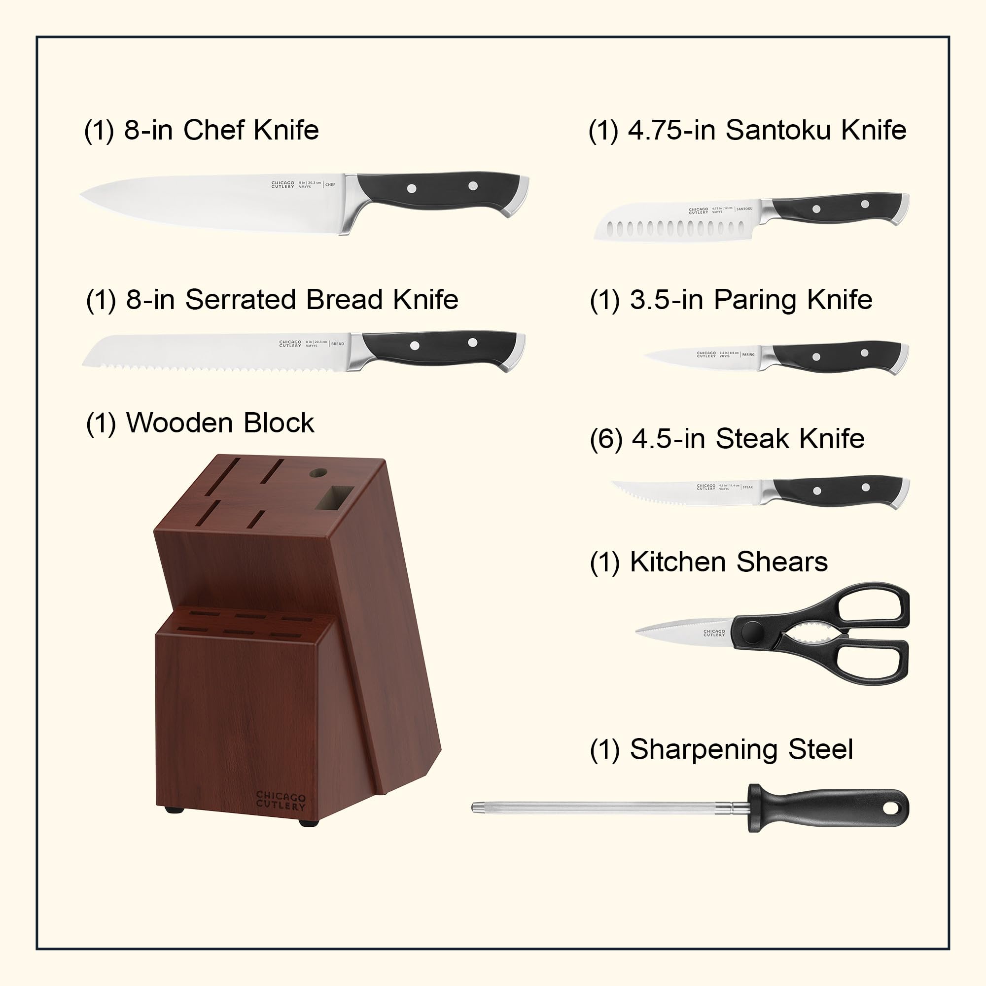 Chicago Cutlery Armitage (13-PC) Kitchen Knife Block Set with Steak Knives and Wooden Block, Black Ergonomic Handles and Sharp Stainless Steel Professional Chef Knife Set