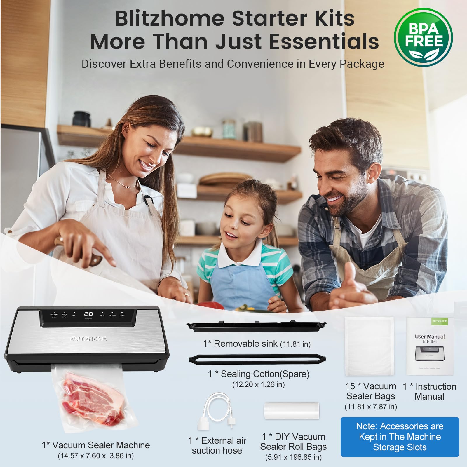 BLITZHOME Vacuum Sealer Machine, 6 Easy Modes for Dry/Moist Food Storage/Sous Vide, Built-in Cutter/Storage, Visual Seal-Time, Automatic Food Sealer with 15Pcs Bags,1 Roll, Full Starter Kit…