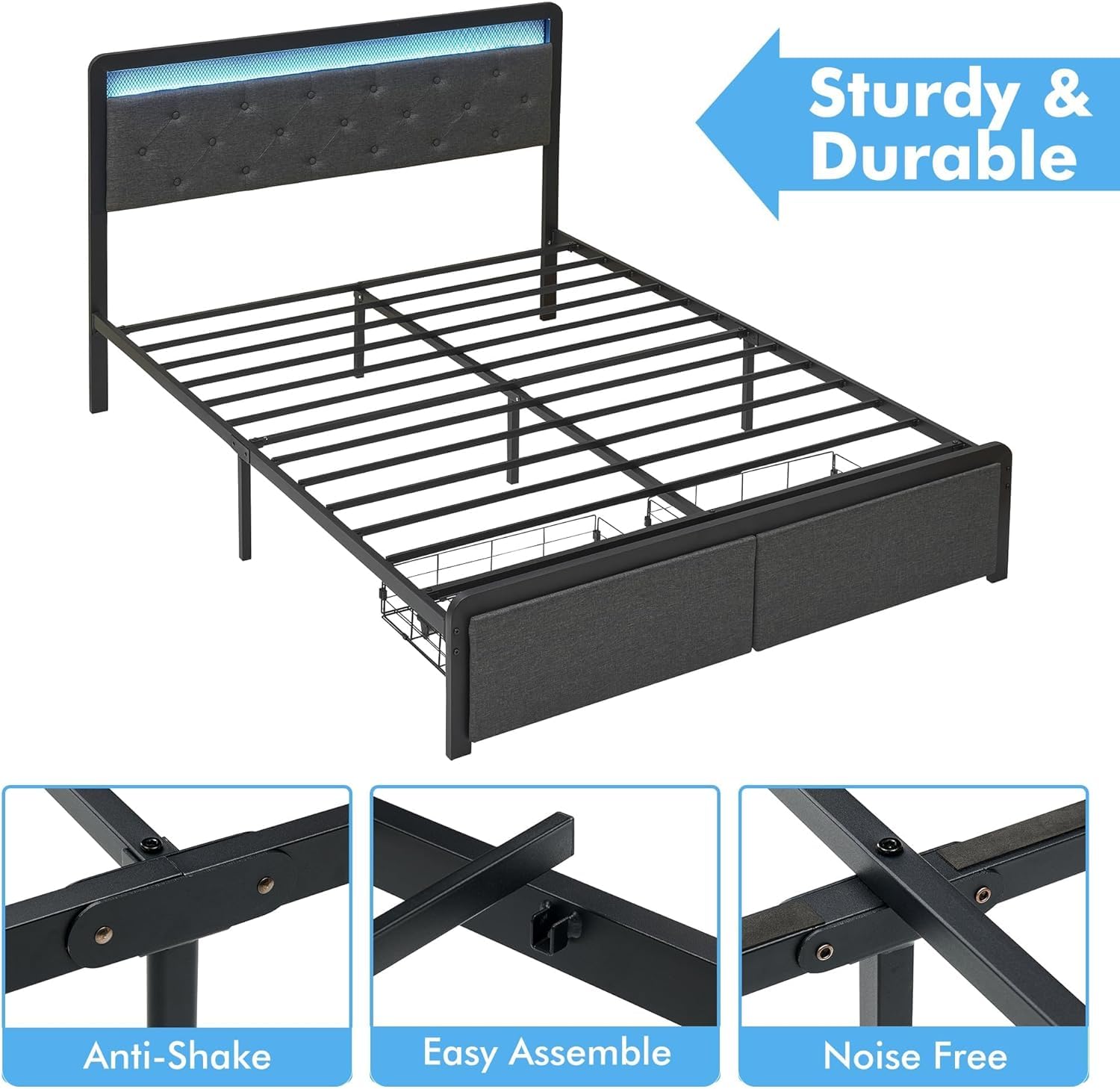 GAOMON Upholstered Bed Frame Queen with 2 Storage Drawers, Button Tufted Headboard and LED Lights, Queen Bed Frame with Mattress Foundation Strong Wooden Slats Support, No Box Spring Needed