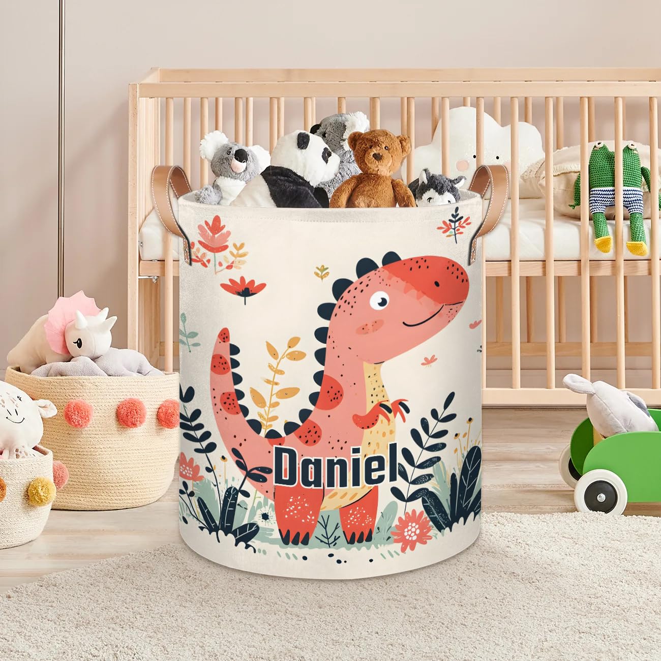 Custom Laundry Hamper Toy Organization Basket with Name Foldable Clothes Storage Basket for Boys and Girls Dinosaur