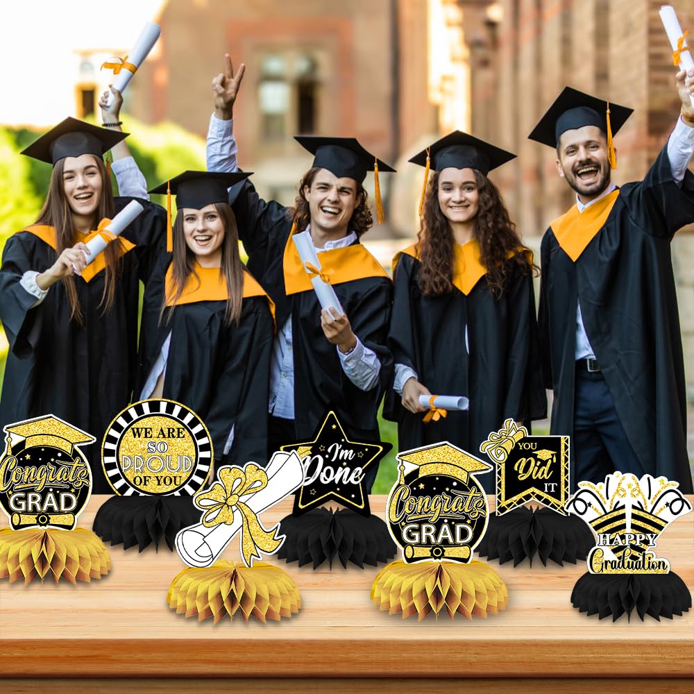 Vellibring 9PCS Graduation Table Decorations Black Gold Class of 2024 Honeycomb Centerpieces Toppers for Congrats Grad Party Favor Supplies