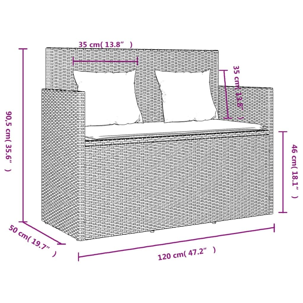 vidaXL Patio Loveseat Bench - Gray Poly Rattan Outdoor Furniture with Cushion Storage & Washable Covers, Weather-Resistant, Powder-Coated Steel Frame - 47.2"x19.7"x35.6"