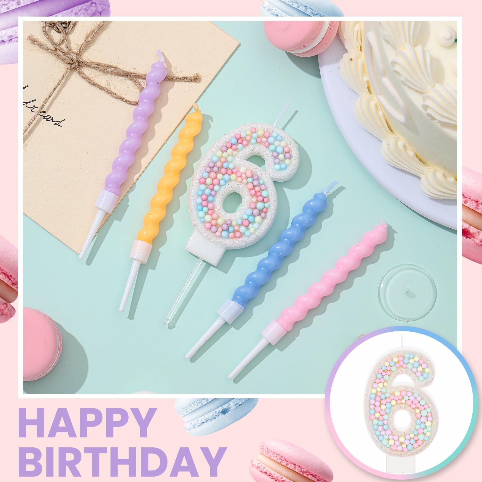 MTLEE Number 6 Birthday Candle Macaron Pastel Rainbow Unicorn Glitter 3D Number Candle with 12 Pcs Spiral Candles in Holders for Girl Boy Cake Topper Wedding Anniversary Sweet Theme Party Decoration