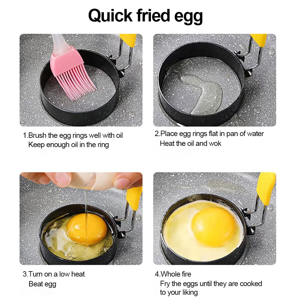 4Pack Egg Rings, Stainless Steel Frying Egg Ring Mold Non Stick Egg Frying Rings with Folding Handles and Oil Brush for Fried Eggs, Pancakes, Egg Shaper(size:4pcs)