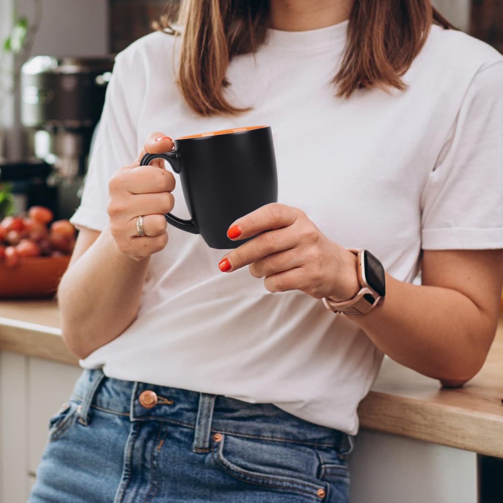 Serwrsw 16 OZ Stoneware Coffee Mug Set of 6, Black Ceramic Mug with Different Color Inside, Colorful Porcelain Mug with Handle for Latte Espresso Cappuccino