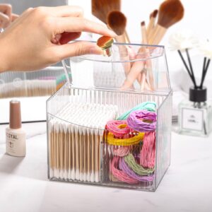 acDesign 2 Slot Qtip Holder Dispenser Rectangle Cotton Ball and Swab Holder Organizer with Lid Clear Bathroom Organizer Jar for Bathroom Vanity