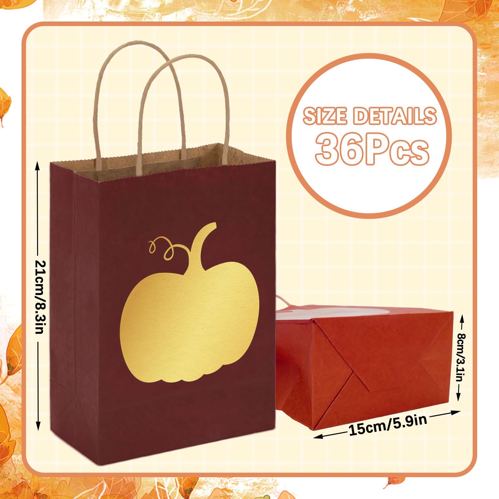 Whaline 36Pcs Fall Kraft Paper Gift Bags with Gold Pumpkin Candy Goodies Bags Grocery Shopping Treat Bags for Autumn Holiday Wedding Birthday Party Favors Supplies