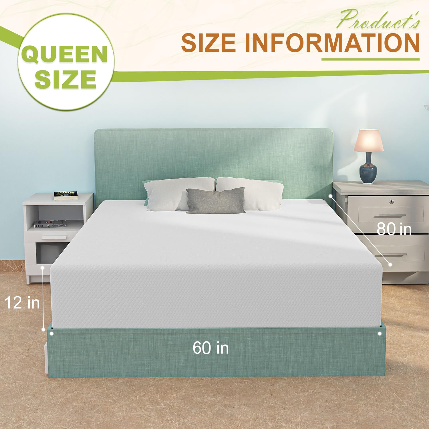 12 Inch Queen Mattress, Gel Memory Foam Queen Size Mattress, Pressure Relieving, Cooling Gel Foam, Queen Mattress in a Box, Certipur-Us Certified, Bed-in-a-Box, Queen, 80"L x 60"W x 12"Th,White