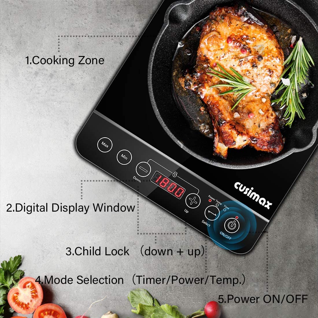 CUSIMAX Induction Cooktop,1800W Portable Induction Burner with Sensor Touch,Kids Safety Lock,10 Temperature and 9 Power Setting induction hot plate with Timer