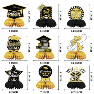 Vellibring 9PCS Graduation Table Decorations Black Gold Class of 2024 Honeycomb Centerpieces Toppers for Congrats Grad Party Favor Supplies