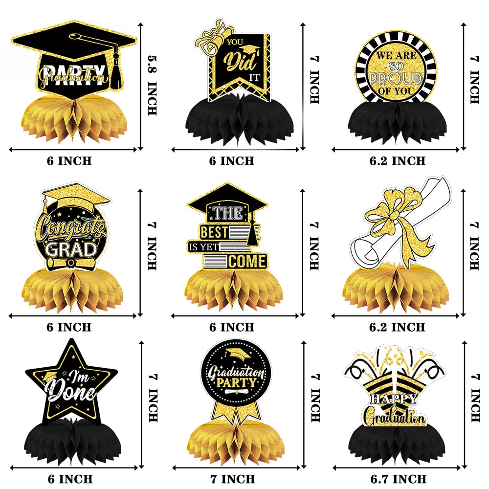 Vellibring 9PCS Graduation Table Decorations Black Gold Class of 2024 Honeycomb Centerpieces Toppers for Congrats Grad Party Favor Supplies