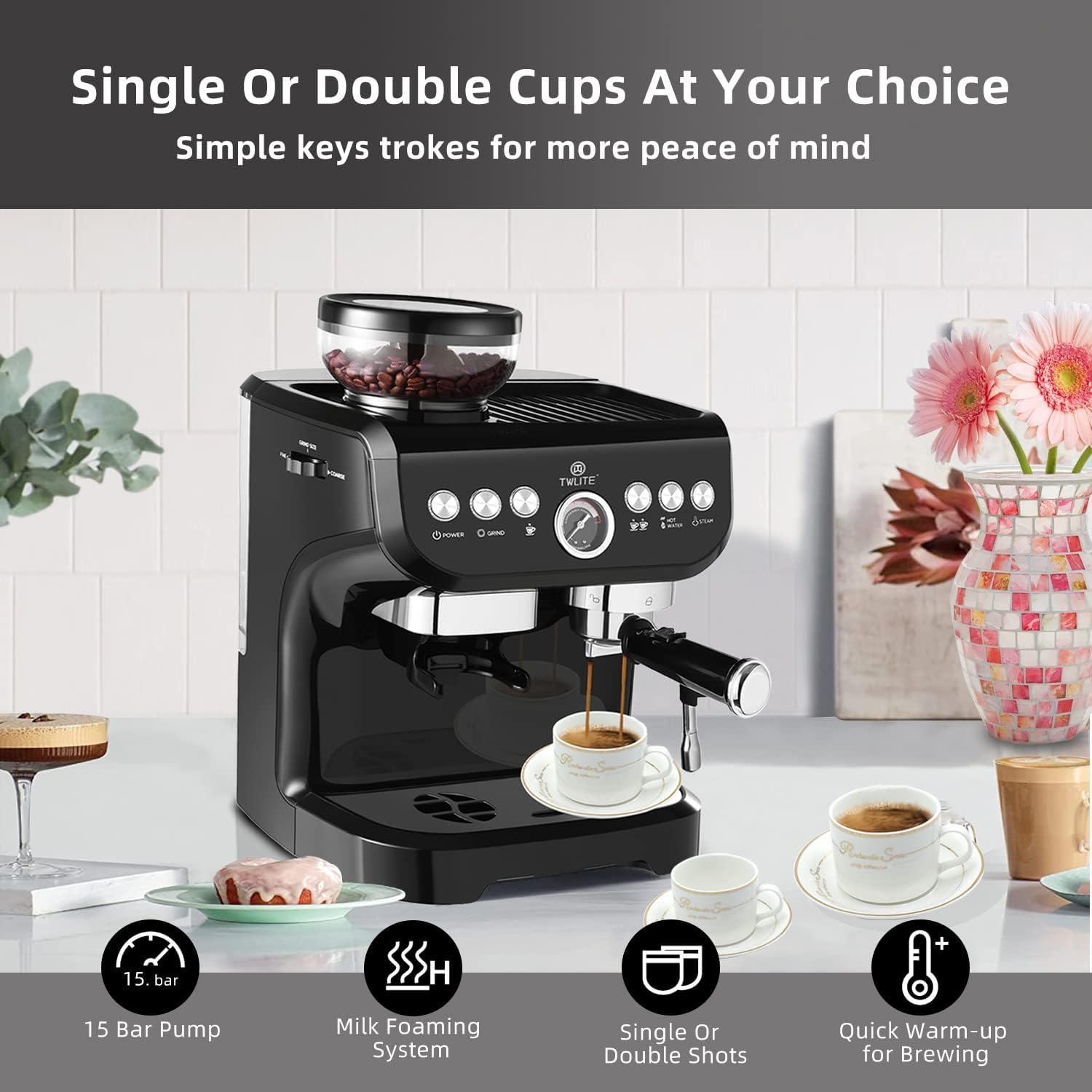 TWLITE 𝐄𝐬𝐩𝐫𝐞𝐬𝐬𝐨 𝐌𝐚𝐜𝐡𝐢𝐧𝐞 𝐰𝐢𝐭𝐡 𝐆𝐫𝐢𝐧𝐝𝐞𝐫, Professional Espresso Maker with Milk Frother Steam Wand, 15 Bar Barista Cappuccino Machine