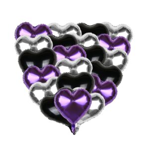 mefuny 18pcs purple black silver heart shaped balloons 18" mylar balloons for birthday wedding graduations party decorations