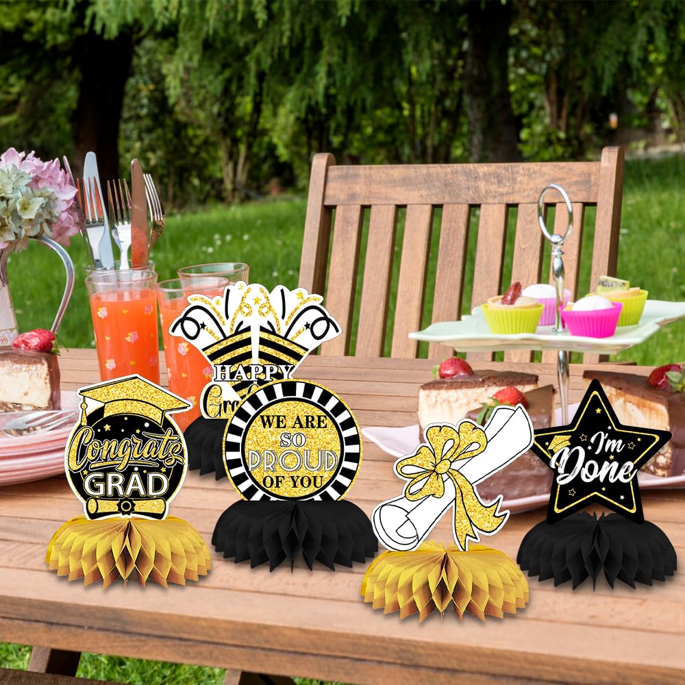 Vellibring 9PCS Graduation Table Decorations Black Gold Class of 2024 Honeycomb Centerpieces Toppers for Congrats Grad Party Favor Supplies