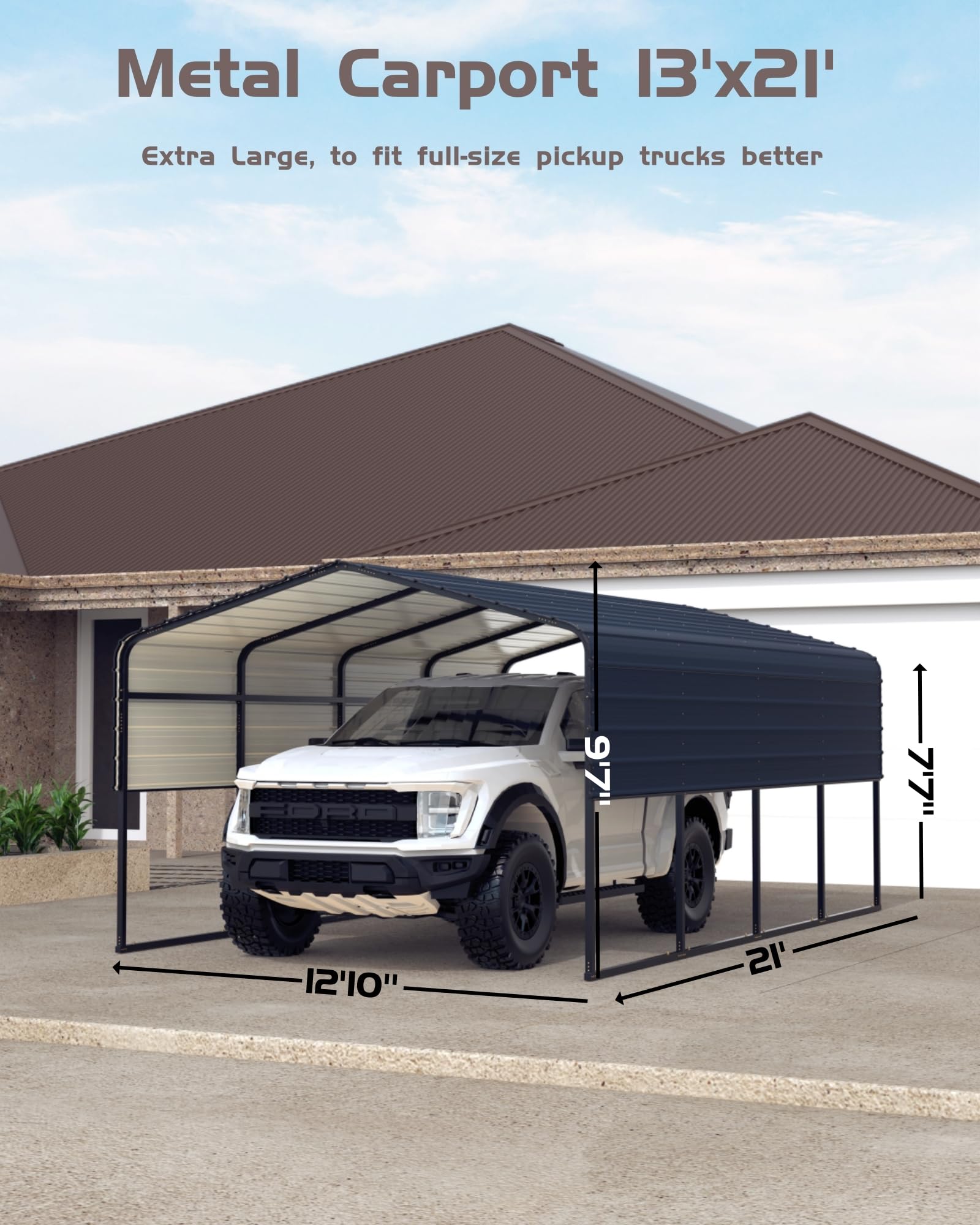 GAOMON 13' x 21' x 10' Metal Carport, with Heavy Duty Galvanized Steel Roof and Reinforced All-Metal Frame, Permanent Shelter for Agricultural Machinery, Carport for Cars, Boats, Trucks, and Tractors