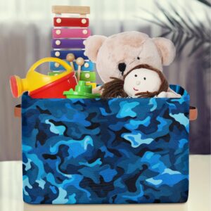 GzLeyigou Camo Texture Large Collapsible Storage Bins ,Blue Camouflage Decorative Canvas Fabric Storage Boxes Organizer with Handles,Rectangular Baskets Bin for Home Shelves Closet Nursery Gifts