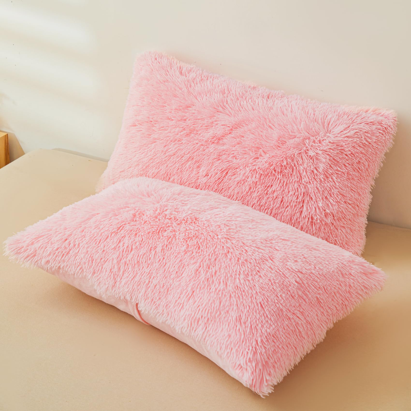 ERLOXO Fluffy Pink Faux Fur Comforter Cover Set，Fluffy Fuzzy Plush Pink Bedding 3Pcs (1 Faux Fur Duvet Cover +2 Fuzzy Pillowcases) Pink Fluffy Bed Set (Pink, Queen)