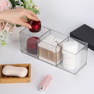 acDesign Qtip Holder Rectangle Cotton Ball and Swab Holder Organizer with Lid, Plastic Apothecary Jars, 3 Compartment Cotton Pad Container for Vanity Makeup Organization