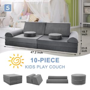 Esazn Kids Couch 10PCS Toddler Couch Kids Sofa, Modular Kids Play Couch, Nugget Couch Fold Out Couch Convertible Sofa Multifunctional Foam Play Couch for Playroom Bedroom, Small, Grey