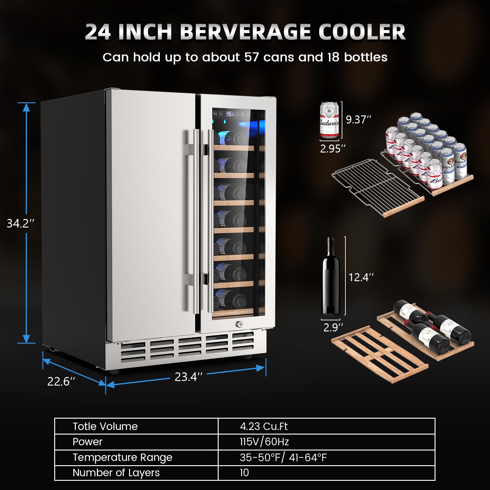 Mojgar Wine and Beverage Refrigerator, 24 Inch Dual Zone Wine Fridge with Safety Locks, Under Counter Wine Cooler Beer Fridge Built-In or Freestanding, Holds 20 Bottles and 57 Cans