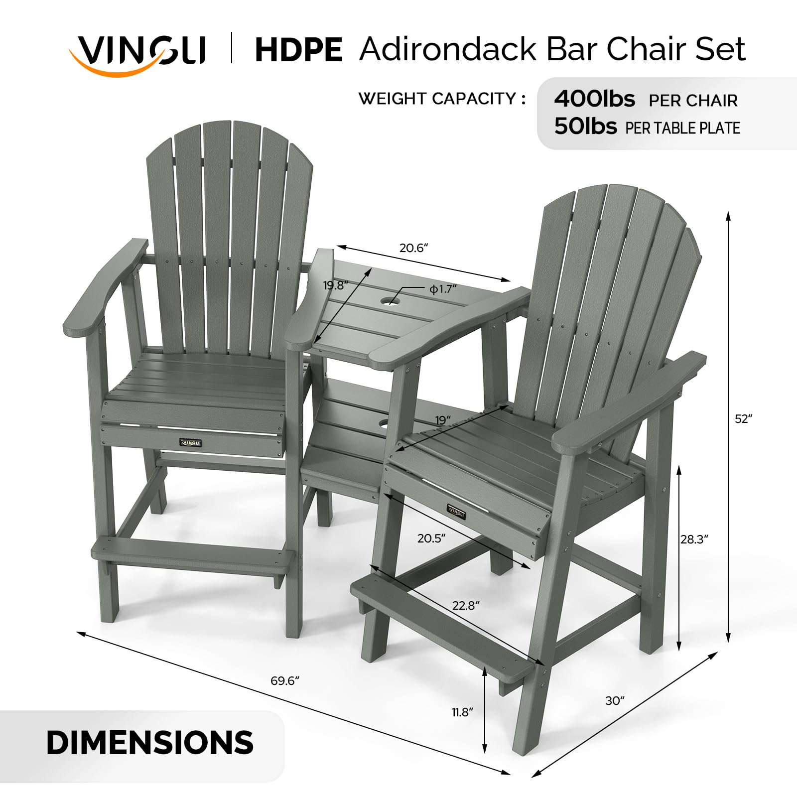 VINGLI Tall Adirondack Chairs Set of 2 with Removable Double Connecting Trays, HDPE Adirondack Bar Stools Poly Deck Chairs, 350LBS Capacity (Grey)