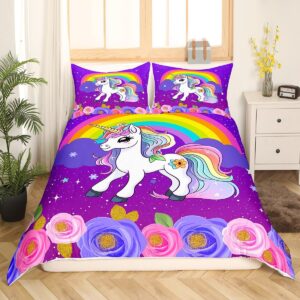 Cute Unicorn Kids Duvet Cover Set Twin Size,Rainbow Stars Cloud Dreamy Bedding Set,Girls Women Room Decor,Cartoon Animals Roses Castle Comforter Cover,Pink Purple Romantic Quilt Cover,1 Pillowcase