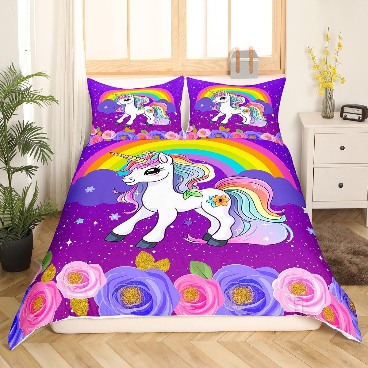 Cute Unicorn Kids Duvet Cover Set Twin Size,Rainbow Stars Cloud Dreamy Bedding Set,Girls Women Room Decor,Cartoon Animals Roses Castle Comforter Cover,Pink Purple Romantic Quilt Cover,1 Pillowcase