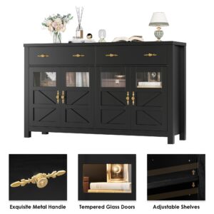 FINETONES Buffet Cabinet with Storage, 55.1" Large Sideboard Buffet Cabinet, Farmhouse Sideboard Kitchen Cabinet with 2 Drawers and 4 Doors, Wood Coffee Bar Cabinet Buffet Table for Kitchen, Black