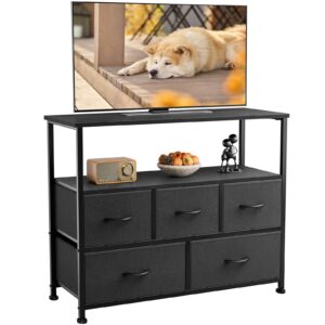 dumos tv stand dresser for bedroom with 5 fabric drawer,entertainment center for 45 inch television, media console table with storage, open shelf, adjustable feet, living room furniture, black