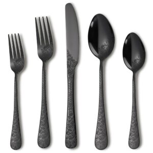 runfly vintage carved laser-etched floral black silverware set for 4, stainless steel 20-piece flatware set with knifeforkspoon, cutlery set for home