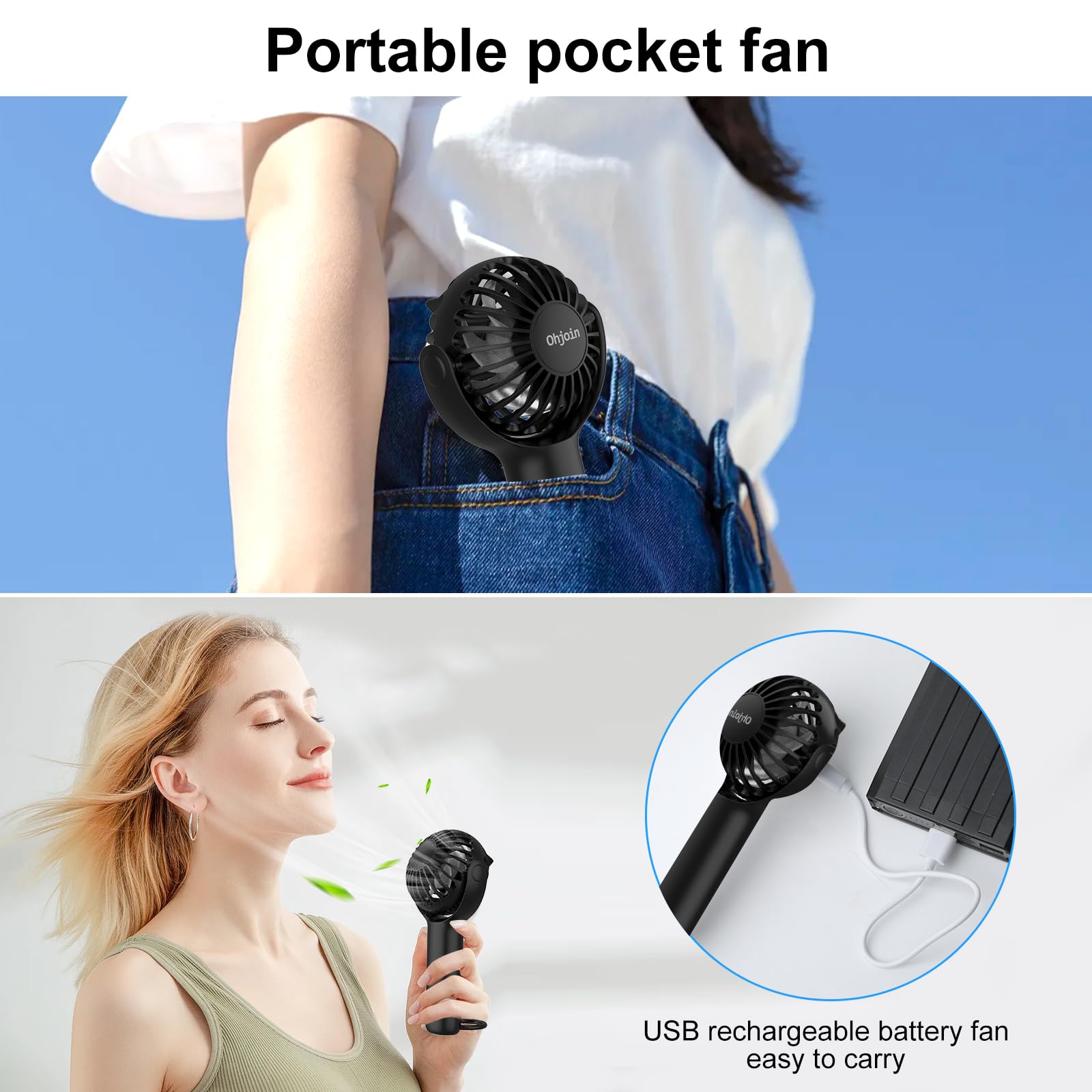 Ohjoin 2 IN 1 Mini Portable Handheld Fan with Keychain Stand, Personal Powerful Cooling Fan, Small Battery Operated Table Fan, Quiet Hand Fan, USB Rechargeable, Birthday Gifts for Men Women (Black)