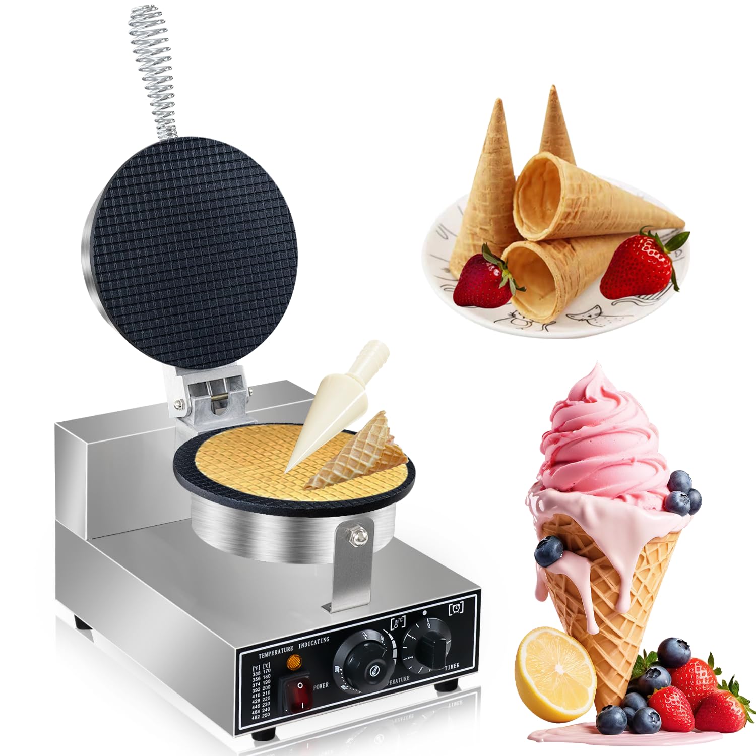 110V Electric Ice Cream Cone Maker 1300W Commercial Waffle Cone Machine 1300W Electric Stainless Steel Egg Cone Baker Non Stick coating with Temp & Time Control for for Restaurant Bakeries