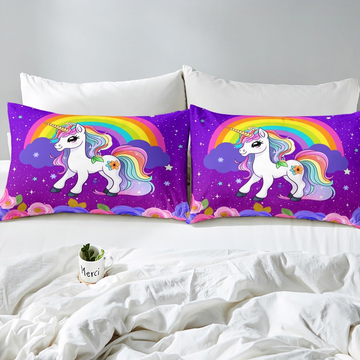 Cute Unicorn Kids Duvet Cover Set Twin Size,Rainbow Stars Cloud Dreamy Bedding Set,Girls Women Room Decor,Cartoon Animals Roses Castle Comforter Cover,Pink Purple Romantic Quilt Cover,1 Pillowcase