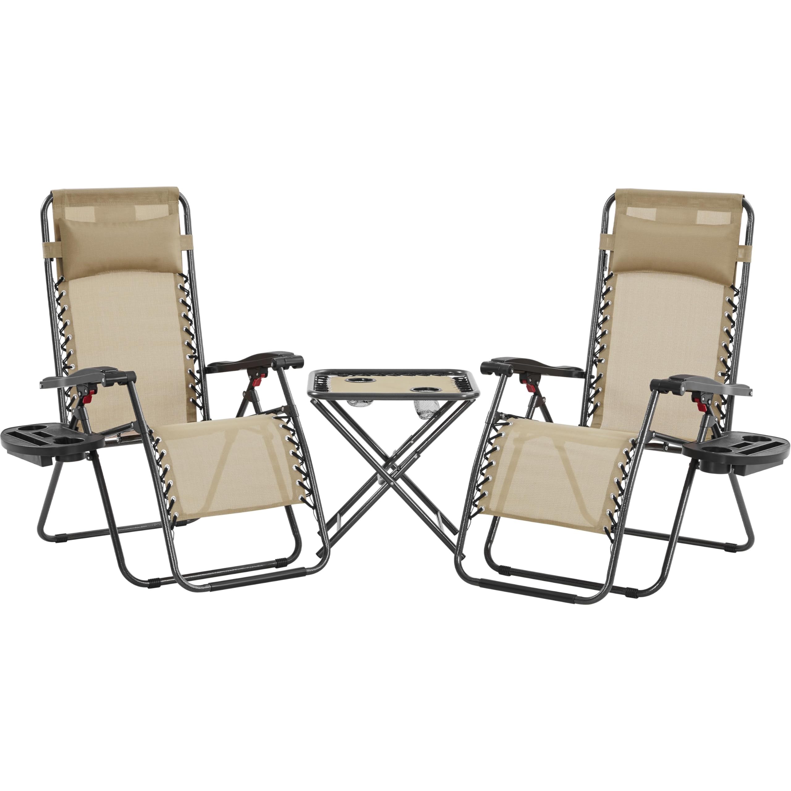 Yaheetech 3PCS Zero Gravity Recliner Portable Outdoor Reclining Chair Set w/Side Table Folding Chaise Lounge Chairs for Patio Beach Deck Garden Pool Beige