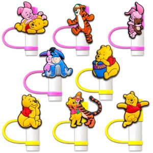 8pcs cartoon straw cover toppers, 10mm reusable straw cover caps, drinking dust proof straw tips lids for tumbles cups accessories (bear)