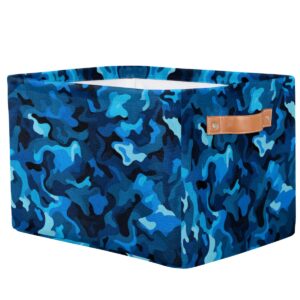 GzLeyigou Camo Texture Large Collapsible Storage Bins ,Blue Camouflage Decorative Canvas Fabric Storage Boxes Organizer with Handles,Rectangular Baskets Bin for Home Shelves Closet Nursery Gifts