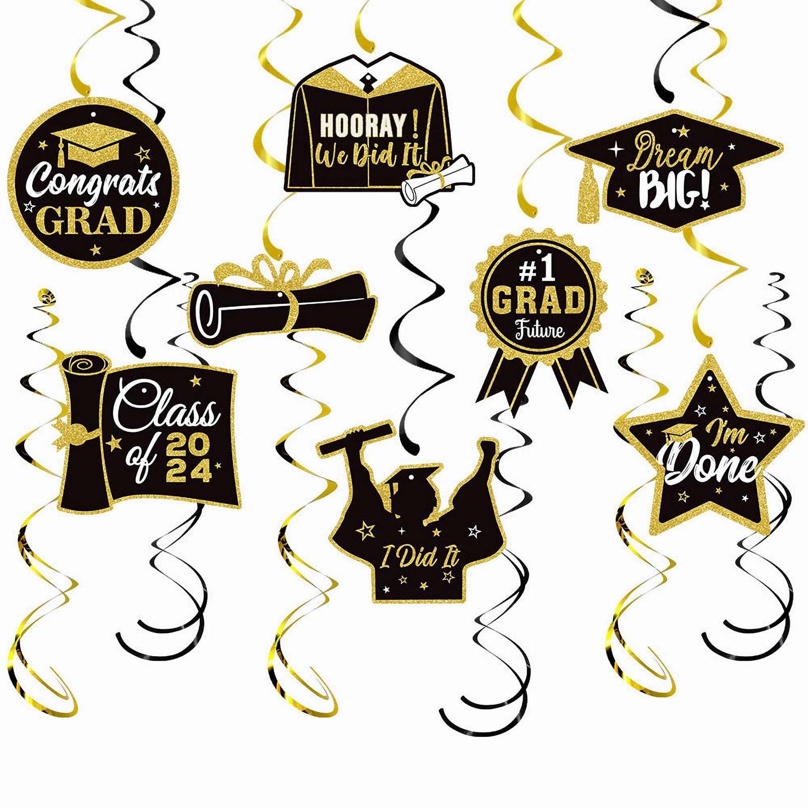 Congrats Grad Decorations Gold 2024 Graduation Hanging Swirls Class of 2024 Grad Banner Graduation Party Decorations Supplies