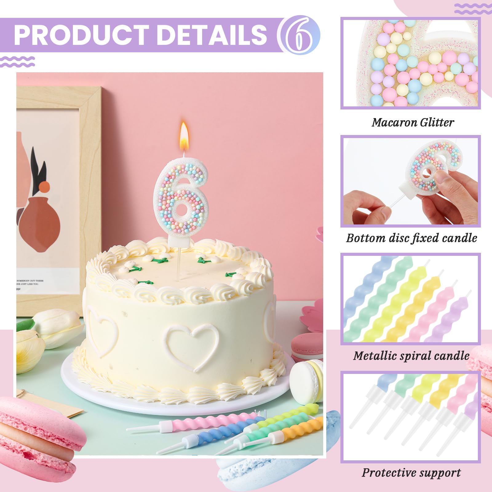 MTLEE Number 6 Birthday Candle Macaron Pastel Rainbow Unicorn Glitter 3D Number Candle with 12 Pcs Spiral Candles in Holders for Girl Boy Cake Topper Wedding Anniversary Sweet Theme Party Decoration