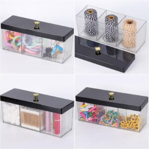 acDesign Qtip Holder Rectangle Cotton Ball and Swab Holder Organizer with Lid, Plastic Apothecary Jars, 3 Compartment Cotton Pad Container for Vanity Makeup Organization