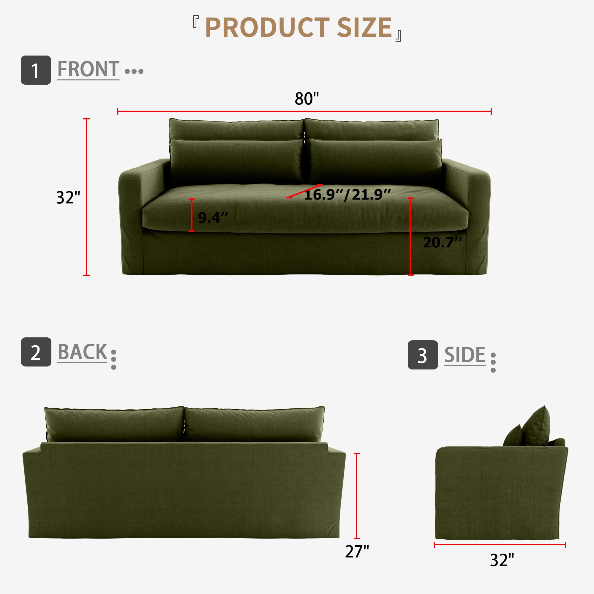 Meeyar 80 Inch Down Sofa Couches for Living Room Linen Fabric 3 Seater Couch with Lumbar Pillows and Wooden Legs Cloud Sofa Upholstered Furniture for Home Office Bedroom Apartment Lounge, Olive Green