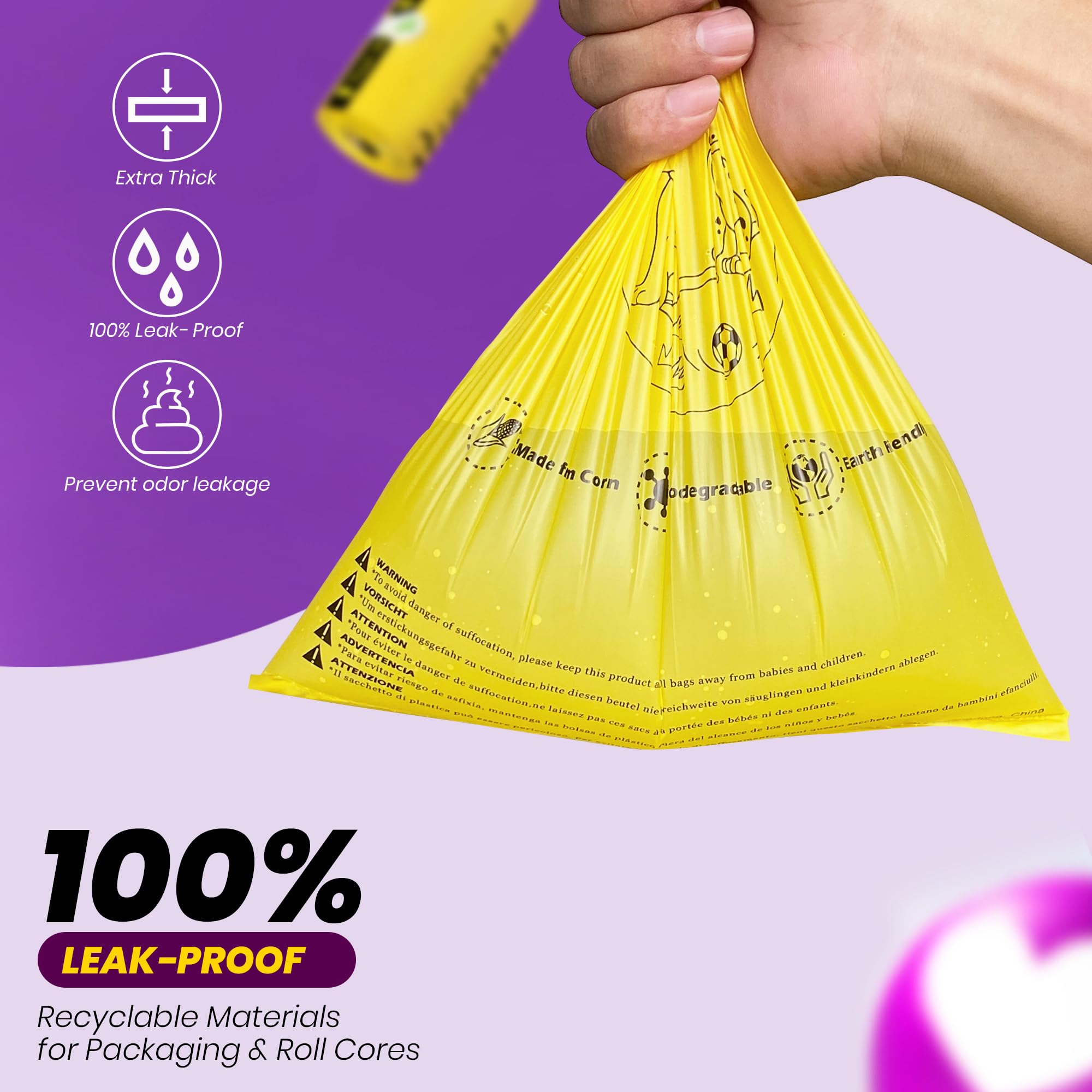 Dog Poop Bags Rolls-150 Bags with Leash Dispenser (10 Rolls), Biodegradable Poop Bags Made of Cornstarch, 100% Leak Proof and Easy to Open (Yellow)