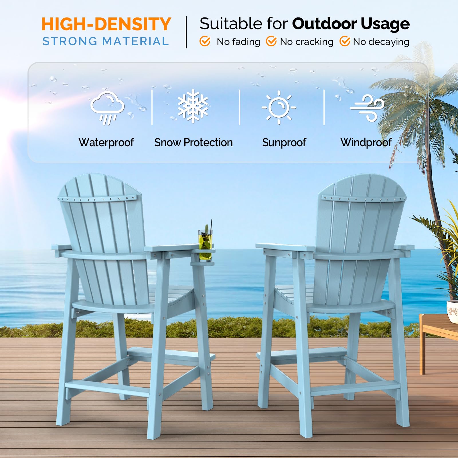 VINGLI Tall Adirondack Chairs Set of 2 HDPE Adirondack Bar Stools with Cup Holders, Poly Deck Chairs Outdoor Bar Stools, 350LBS Capacity (Blue, 2 PCS)