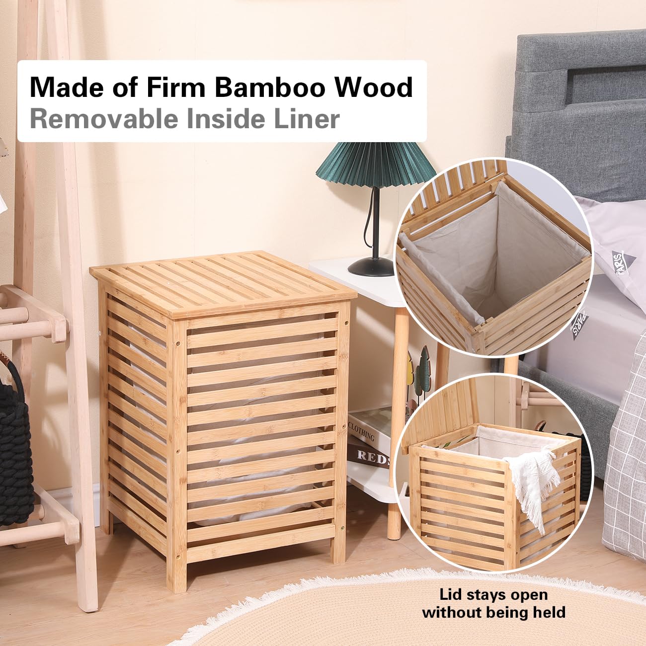 Laundry Hamper with Lid,4HOMART YVONNE&F.L.A.M. Bamboo Laundry Basket with Removable Liner Bag Dirty Clothes Hamper, 15 x 15 x 21.9 Inches