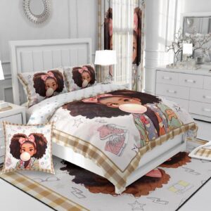 African Style American Comforter Sets Girls,Kids Cartoon Black Girls Bedding Set,Fashion Star Shoes Reversible Printed Quilted Duvet Teens Room Decor,Beige Brown Plaid Bedspread,1 Pillowcase