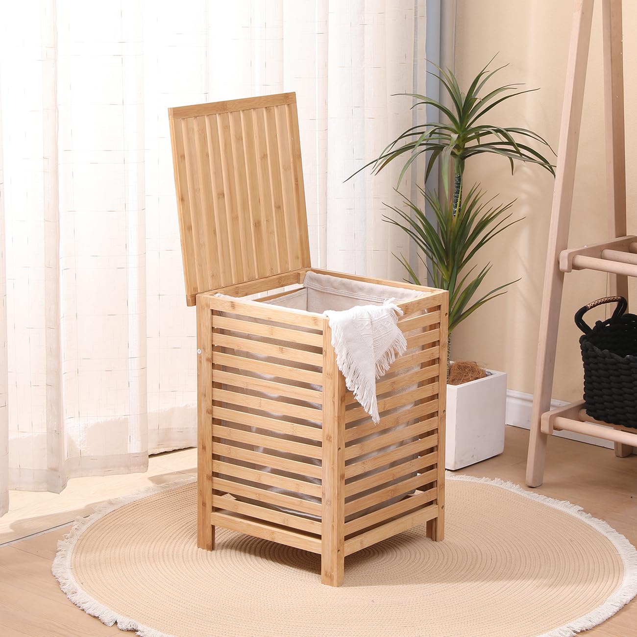 Laundry Hamper with Lid,4HOMART YVONNE&F.L.A.M. Bamboo Laundry Basket with Removable Liner Bag Dirty Clothes Hamper, 15 x 15 x 21.9 Inches