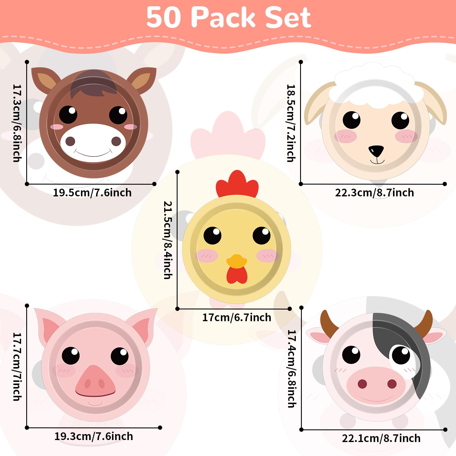 50 Count Farm Animals Party Paper Plates Farm Animal Shaped Disposable Plates Farm Birthday Plates Cake Animal Theme Party Plates for Birthday Baby Shower Farm House Fun Barnyard Animals Party Favors