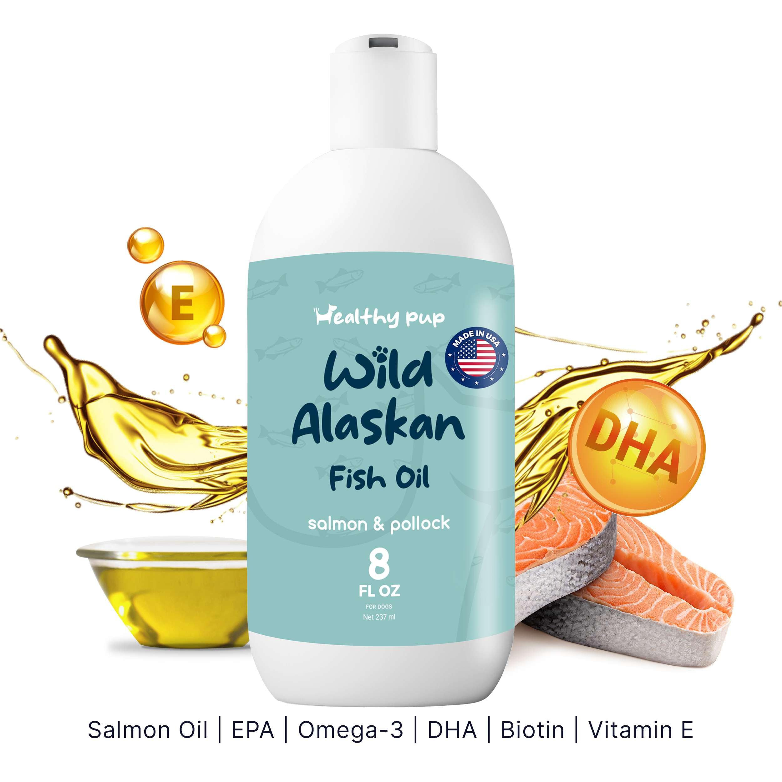 Wild Alaskan Salmon Oil for Dogs with Pollock Oil - 8 oz of Pollock and Salmon Oil, Omega 3 Fish Oil, EPA, and DHA - Dogs Skin and Coat Supplement - Made in USA